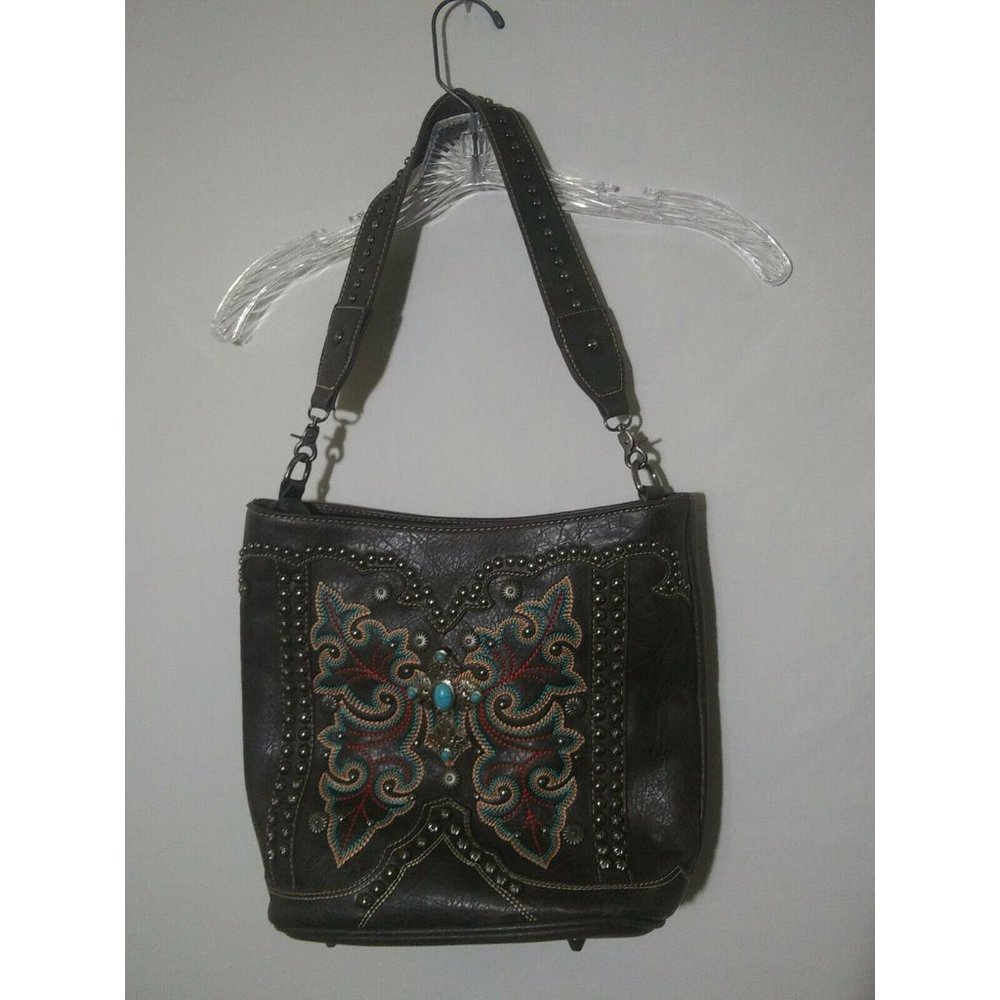 Montana West Purse Leather Studded Turquoise Cross Brown